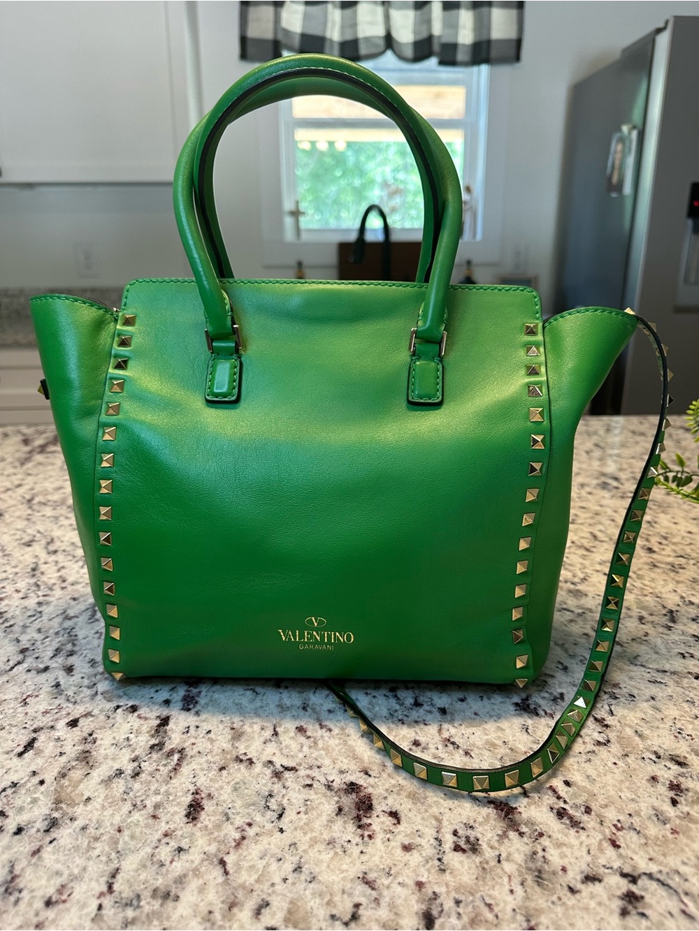 Valentino Garavani Green Rockstud Leather Satchel with Gold Studs